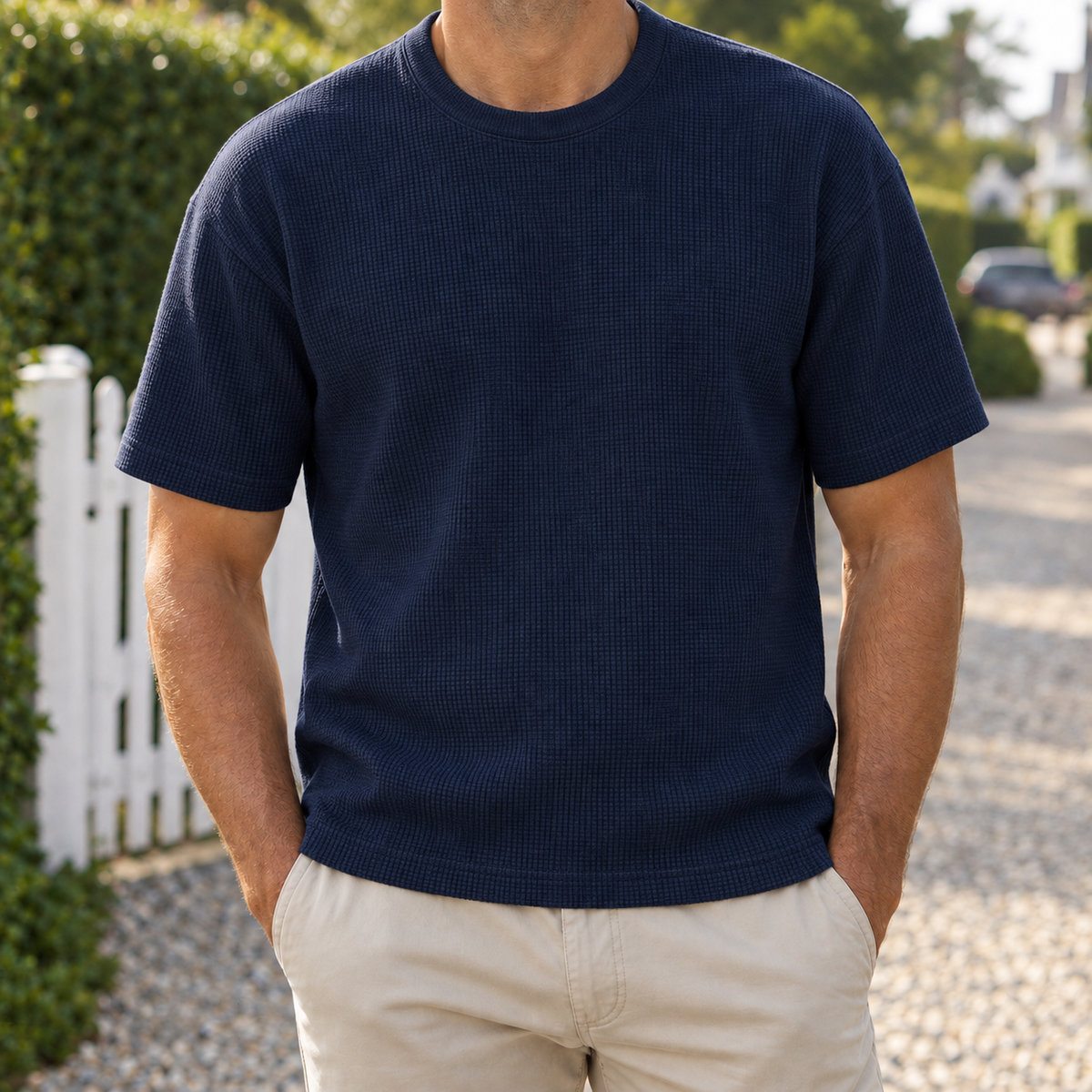 Harvey Heavyweight Waffle Tee - Navy, worn, full tee