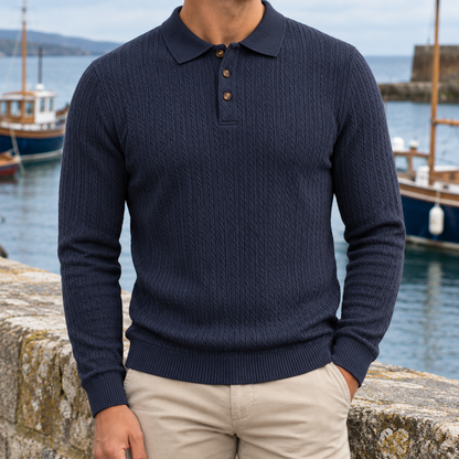 Richard Cable Jacquard Long-Sleeve Polo - Navy, worn, full polo