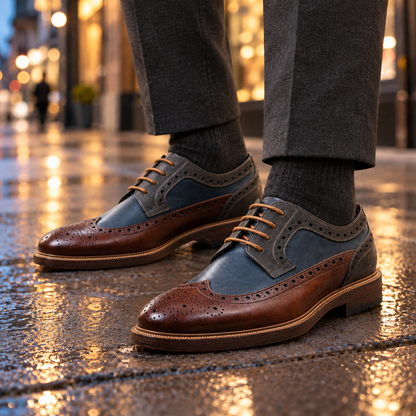Gordon Grained Wingtip Brogues - Navy, worn pair
