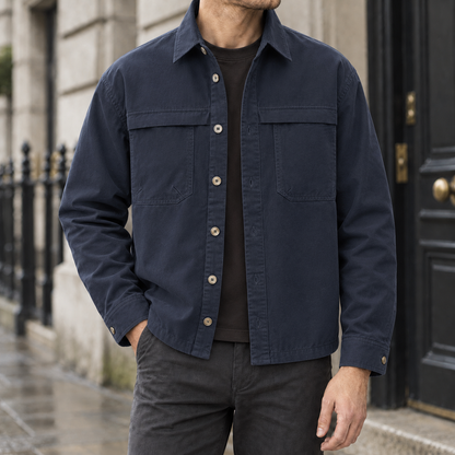 Grant Cotton Shirt Jacket - Navy, worn, full jacket