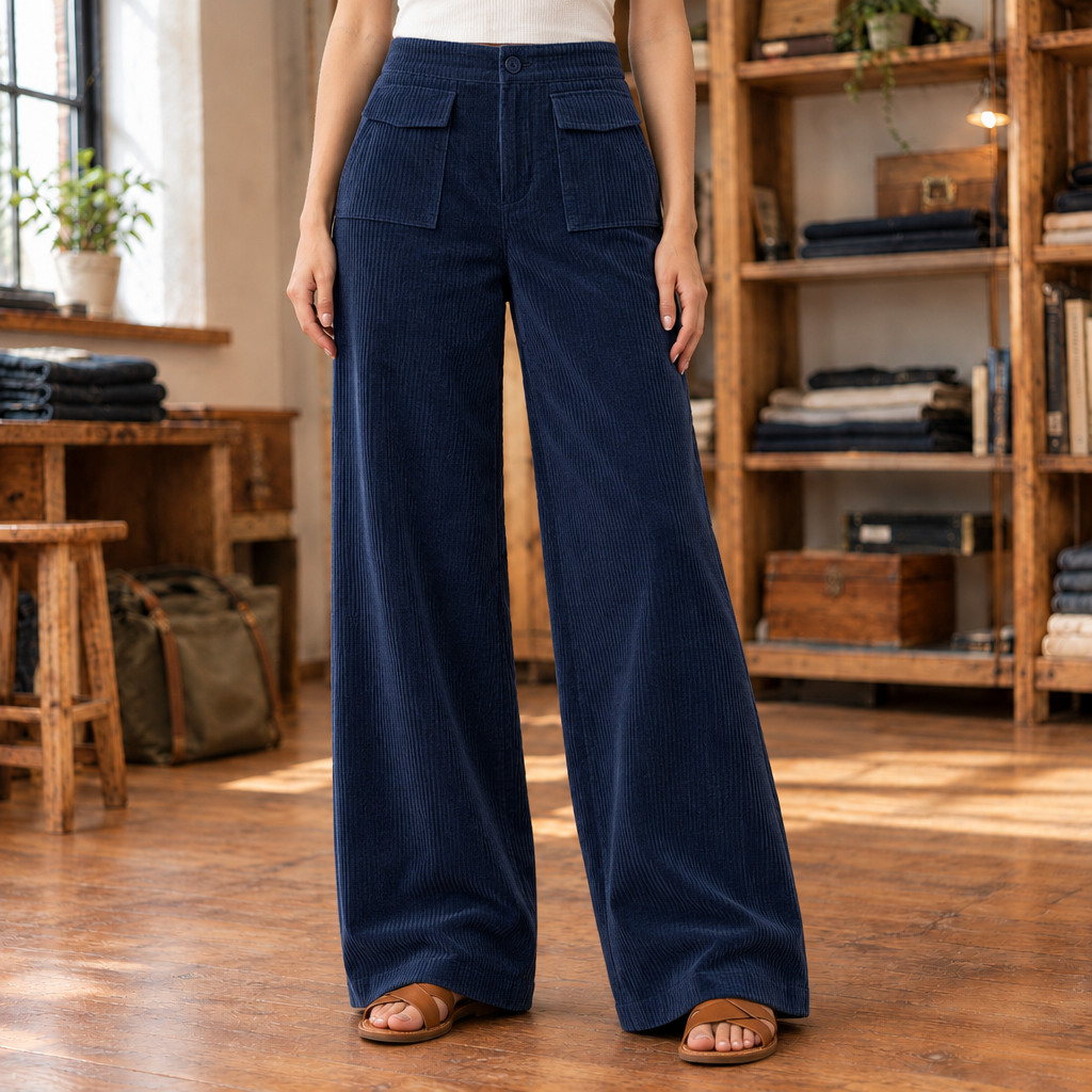 Kate Flap-Pocket Corduroy Wide-Leg Pants - Navy, worn, full pants