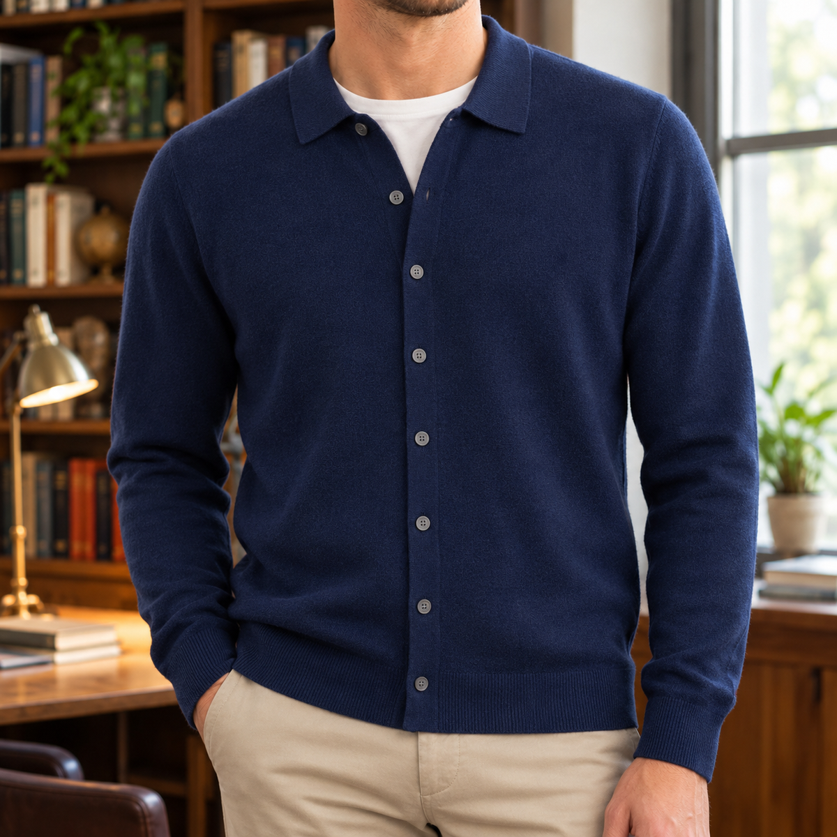 Andrew Fine-Knit Polo Cardigan - Navy, worn, full cardigan