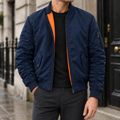 Reid Quilt-Lined Bomber Jacket - Navy, worn, full jacket
