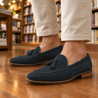 Everett Piped Suede Tassel Loafers - Navy, worn pair
