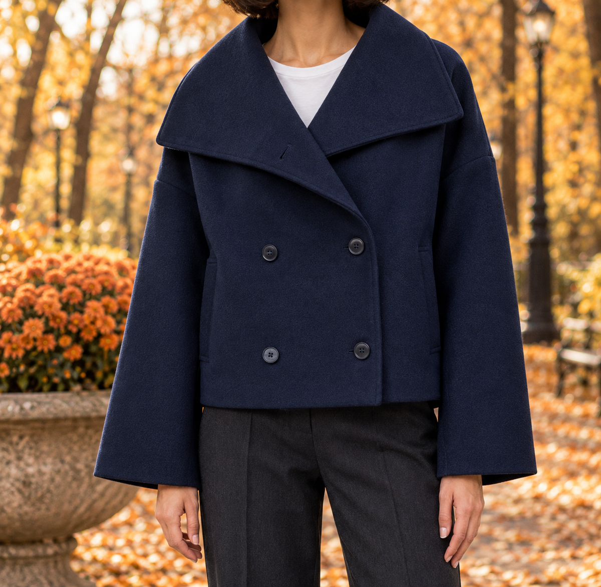 Sarah Wide-Collar Cropped Coat - Navy Blue, worn