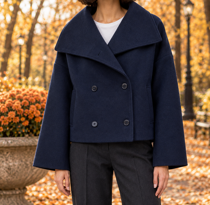 Sarah Wide-Collar Cropped Coat - Navy Blue, worn