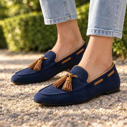 Julia Piped Suede Tassel Loafers - Navy, worn pair