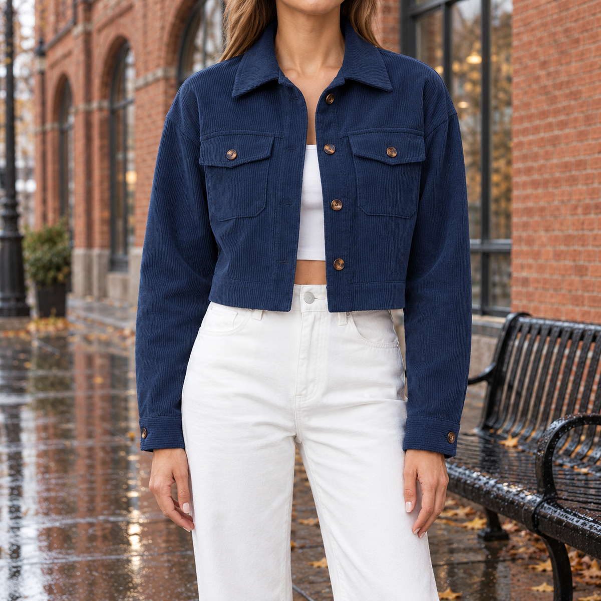 Abby Cropped Corduroy Jacket - Navy, worn, full jacket