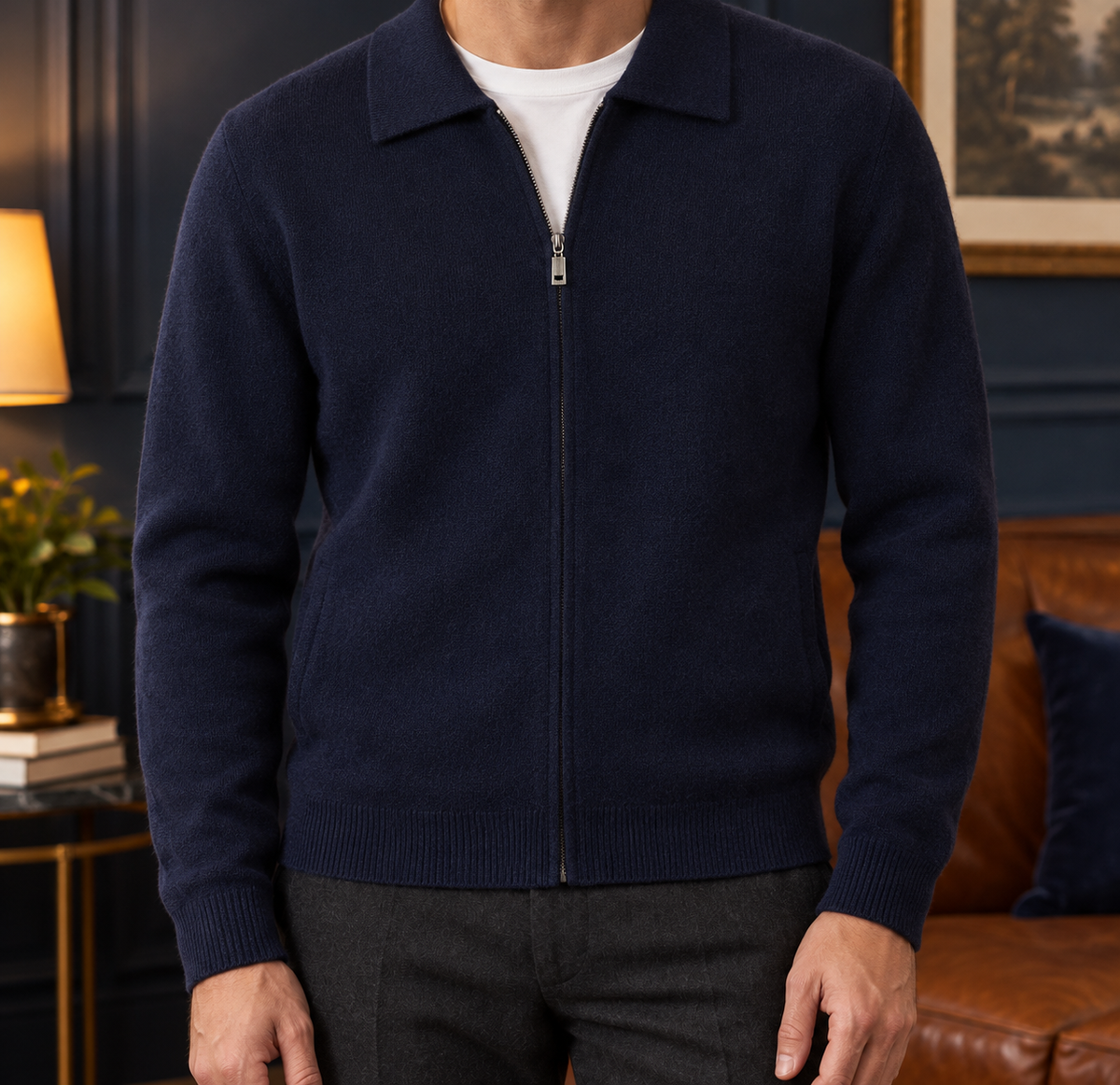 Walter Wool Zip Polo Cardigan - Navy, worn, full cardigan