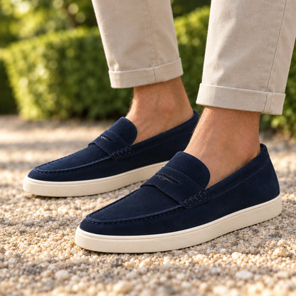 Carter Suede Cupsole Penny Loafers - Navy, worn pair