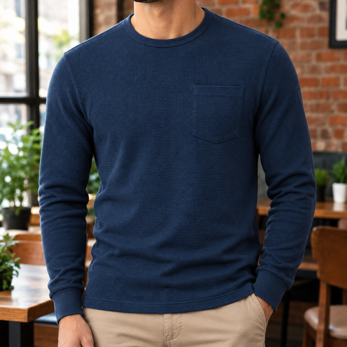 Owen Waffle Pocket Long-Sleeve Tee - Navy, worn, full tee