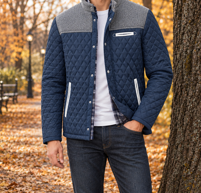 Marshall Knit-Yoke Quilted Jacket - Navy Blue, worn