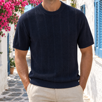 Elliot Open-Knit Crew Tee - Navy, worn, full tee