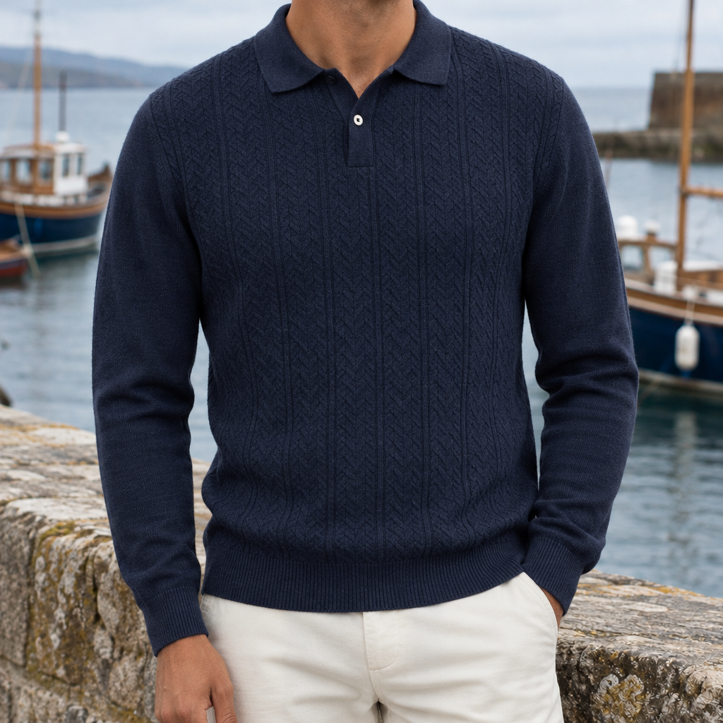 Grant Braided-Knit Long-Sleeve Polo - Navy, worn