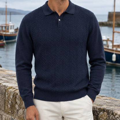 Grant Braided-Knit Long-Sleeve Polo - Navy, worn