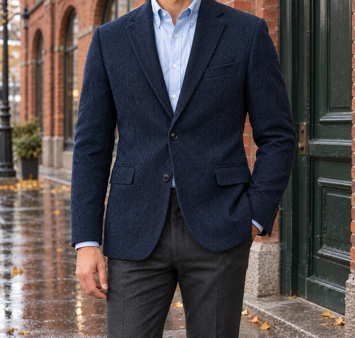 Edward Herringbone Two-Button Blazer - Navy, worn, full blazer