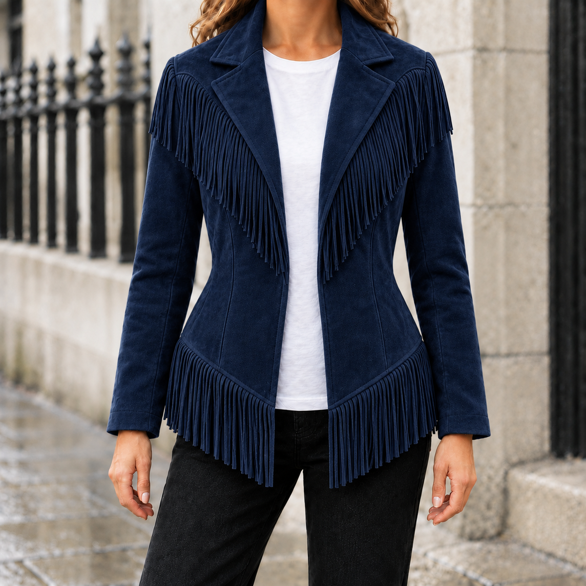 Dakota Faux-Suede Fringe Jacket - Navy, worn, full jacket