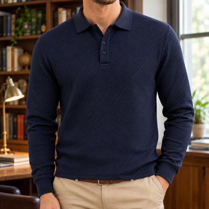 Edward Lattice Jacquard Long-Sleeve Polo - Navy, worn, full polo