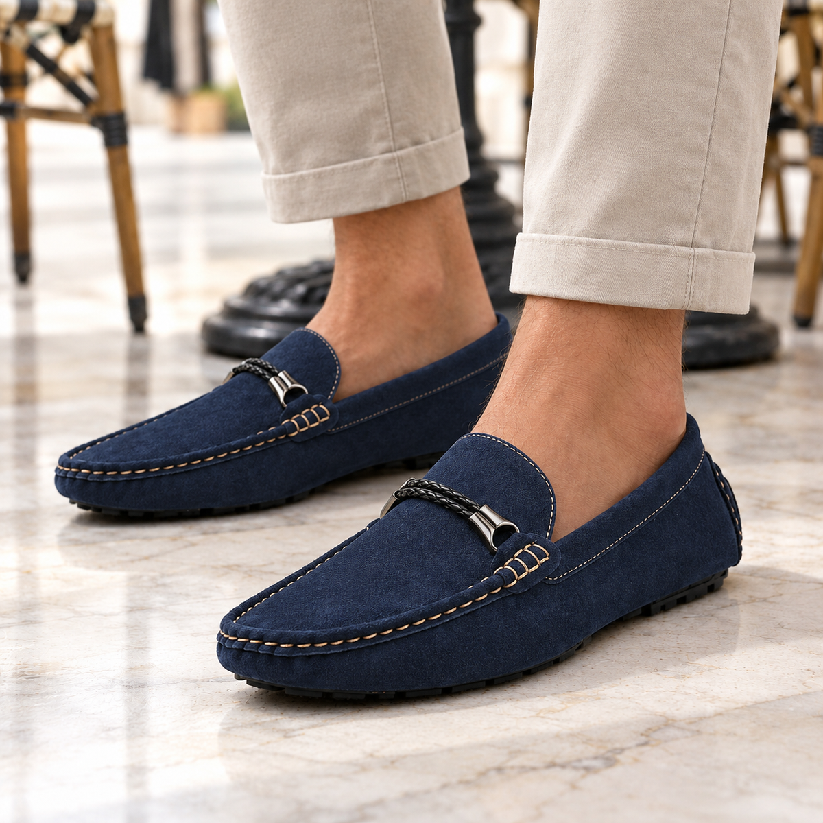Ryan Braided-Bit Suede Driving Loafers - Navy, worn pair