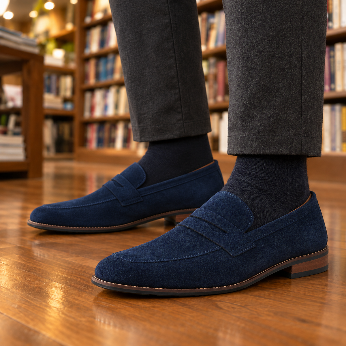 Preston Stacked-Heel Suede Penny Loafers - Navy, worn pair