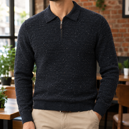 Frank Flecked Half-Zip Knit Polo - Navy, worn, full polo