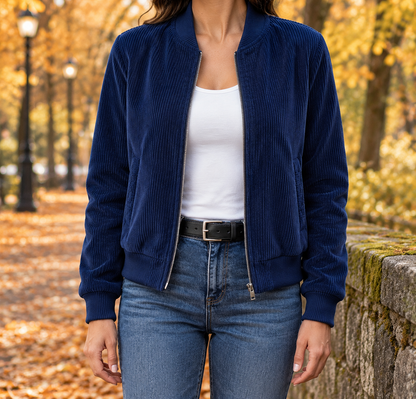 Kayla Corduroy Zip Bomber Jacket - Navy, worn, full jacket
