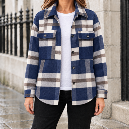 Lily Brushed Plaid Shirt Jacket - Navy, worn, full jacket