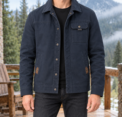 Garrett Button-Front Utility Jacket - Navy, worn