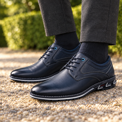 Conrad Leather Lace-Up Derby Shoes - Navy, worn pair