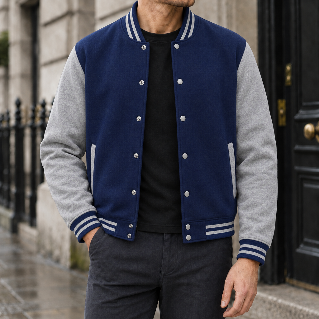 Tanner Snap-Front Varsity Jacket - Navy, worn, full jacket