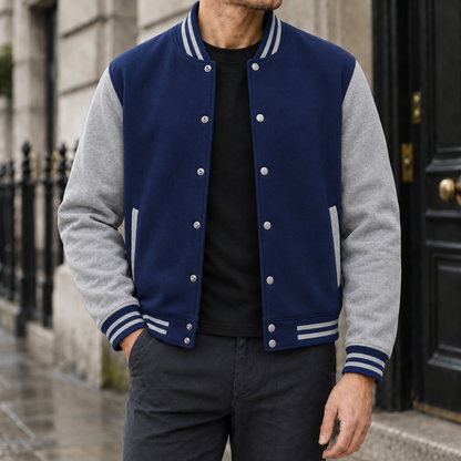 Tanner Snap-Front Varsity Jacket - Navy, worn, full jacket