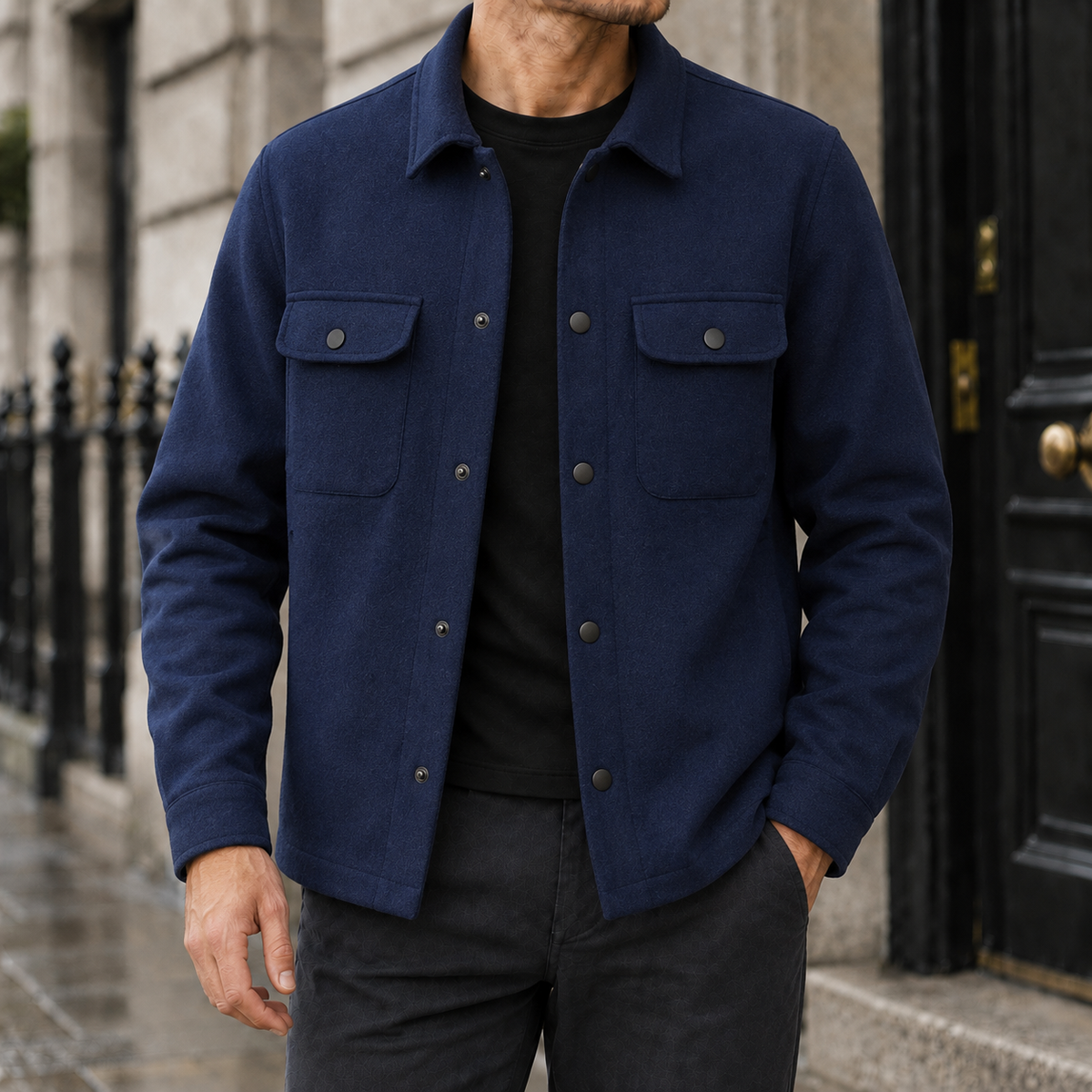 Garrett Brushed Snap-Front Shirt Jacket - Navy, worn, full jacket