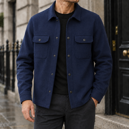 Garrett Brushed Snap-Front Shirt Jacket - Navy, worn, full jacket