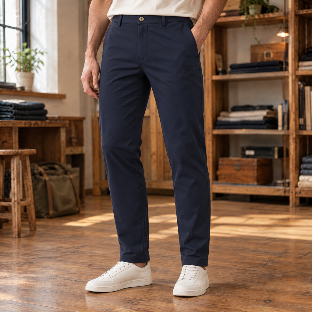 Graham Stretch Slim Chinos - Navy, worn, full trousers