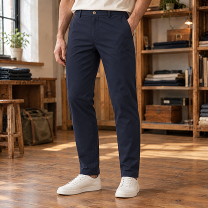 Graham Stretch Slim Chinos - Navy, worn, full trousers