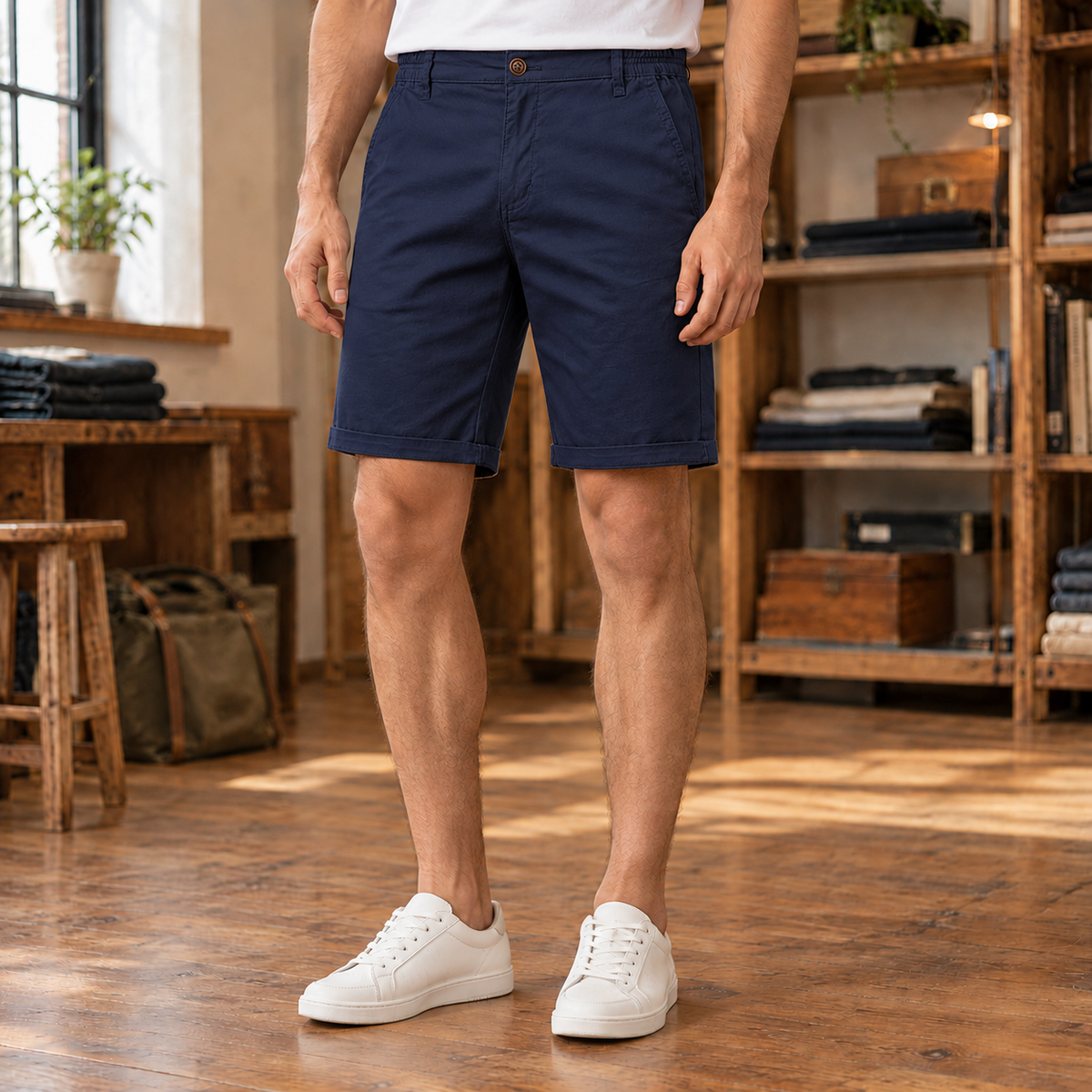 Bram Cotton Chino Shorts — Navy, worn, full shorts