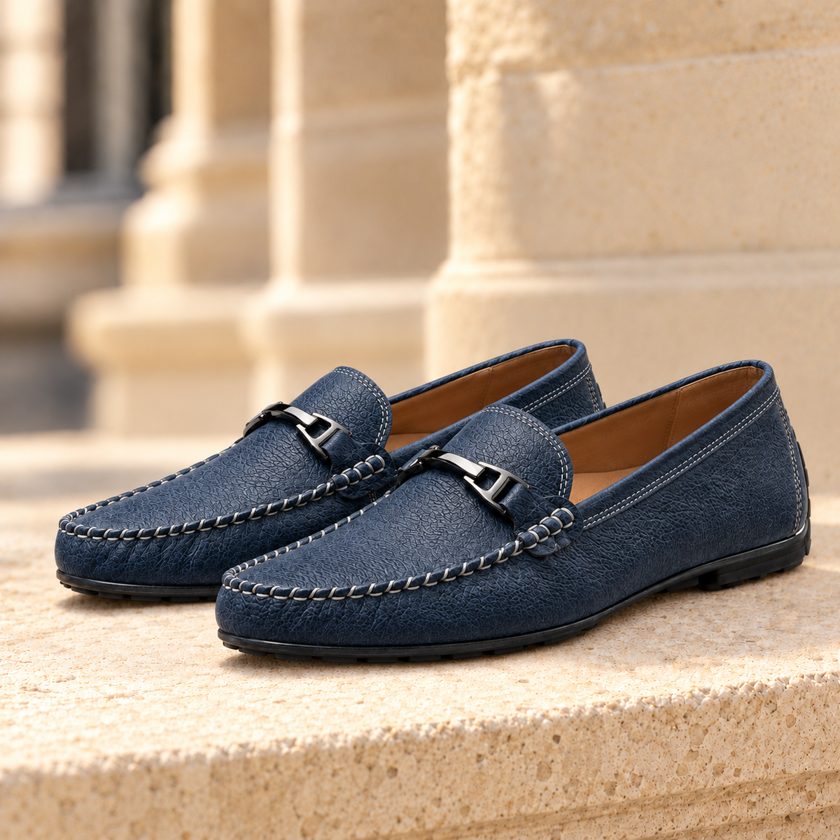 Logan Leather Bit Driving Loafers - Navy, full pair