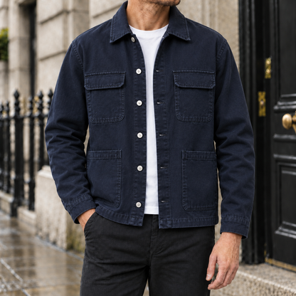 Travis Four-Pocket Chore Jacket - Navy, worn, full jacket