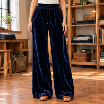 Violet Velvet Drawstring Wide-Leg Pants - Navy, worn, full length