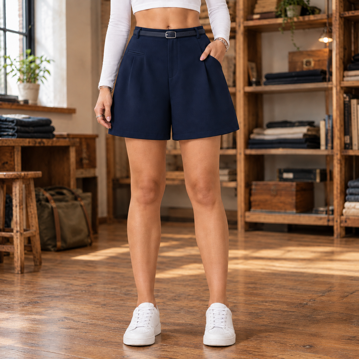 Lauren Belted Pleated Shorts - Navy, worn, full shorts