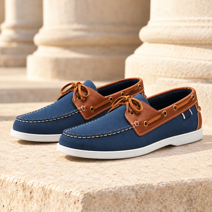 Sawyer Two-Tone Leather Boat Shoes - Navy, full pair
