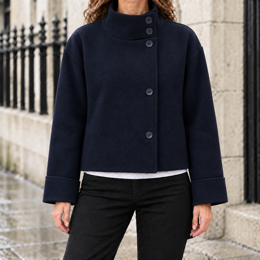 Lucy Stand-Collar Cropped Coat - Navy, front view