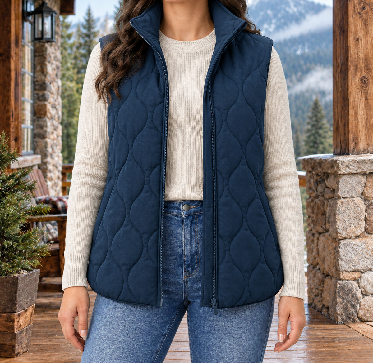 Megan Wave-Quilted Zip Vest - Navy, worn, full vest