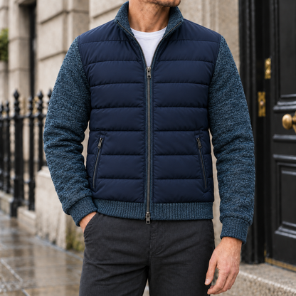 Ryan Knit-Sleeve Quilted Jacket - Navy, worn, full jacket