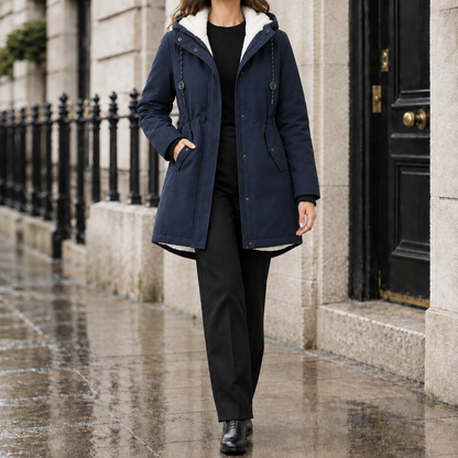 Kelly Sherpa-Lined Hooded Parka - Navy, worn, full coat