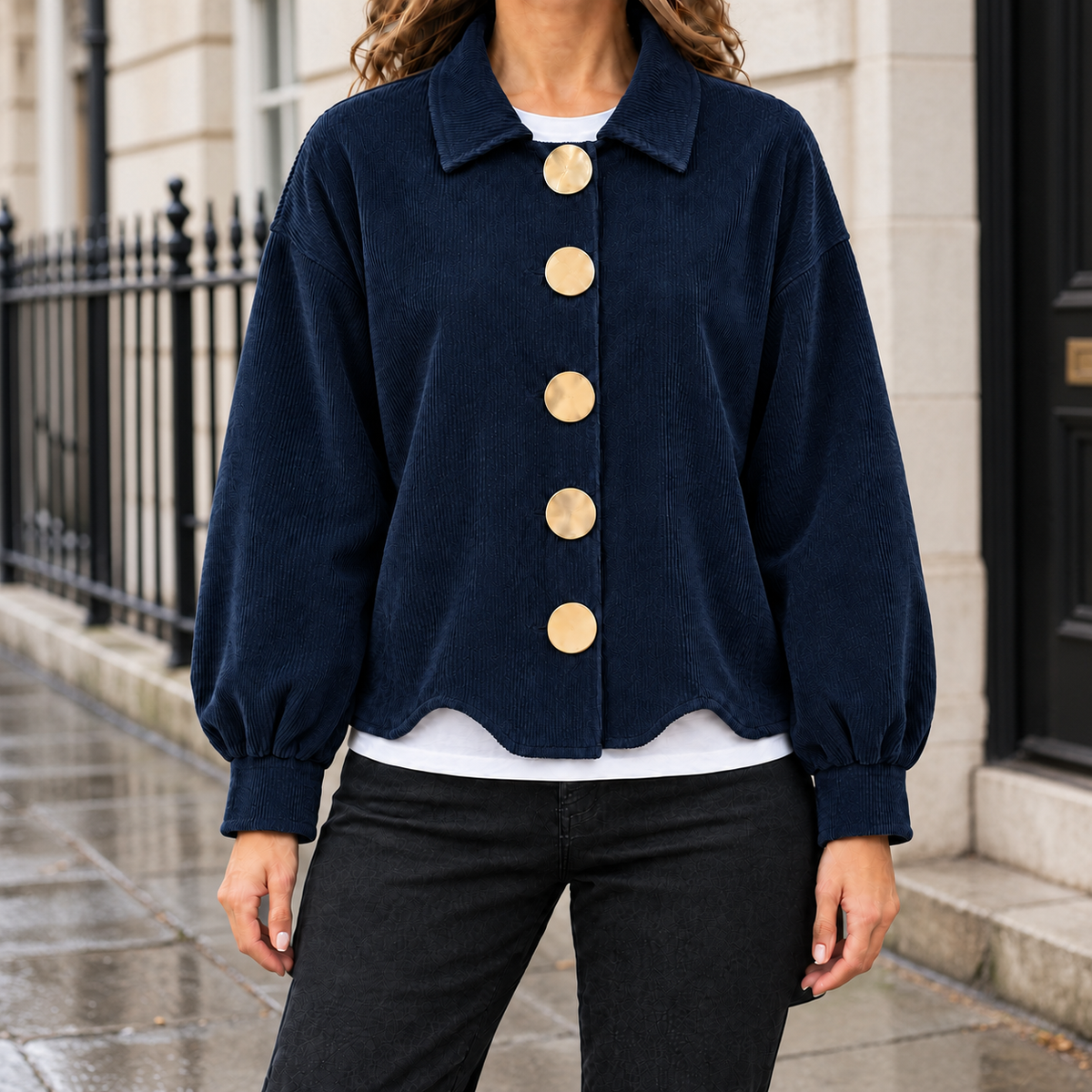 Hailey Big-Button Corduroy Jacket - Navy, worn, full jacket