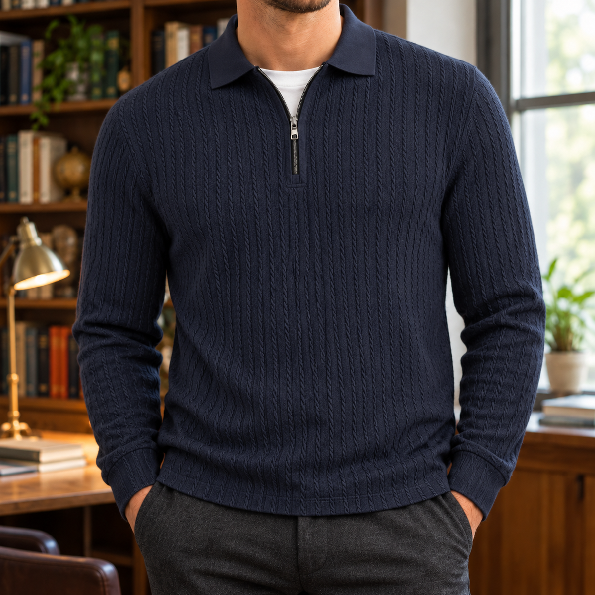 Peter Textured Quarter-Zip Polo - Navy Blue, worn, full polo