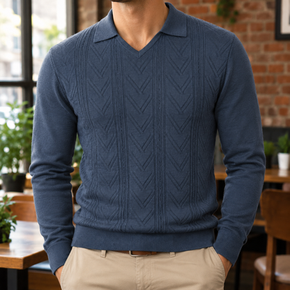 Paul Chevron-Knit Long-Sleeve Polo - Navy, worn, full polo