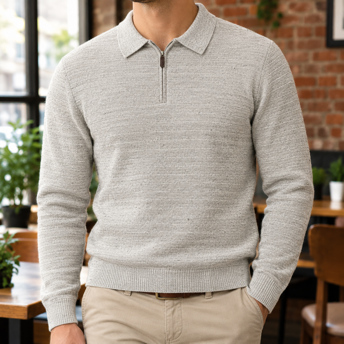 Frank Flecked Half-Zip Knit Polo - Oatmeal, worn, full polo