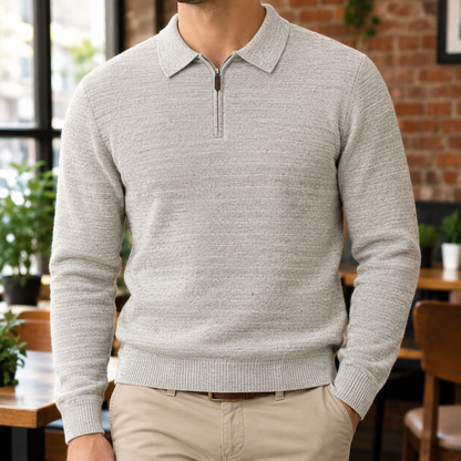 Frank Flecked Half-Zip Knit Polo - Oatmeal, worn, full polo